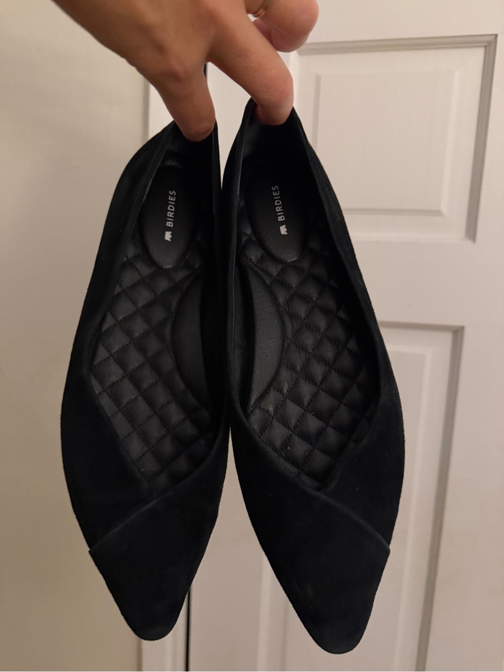 Birdies Black Pointed Suede Quilted-Insole Flats